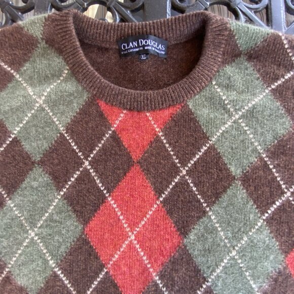 100% Cashmere - Clan Douglas - Scotland - LUXURY - Argyle Crew Neck Sweater - XL - Picture 1 of 8